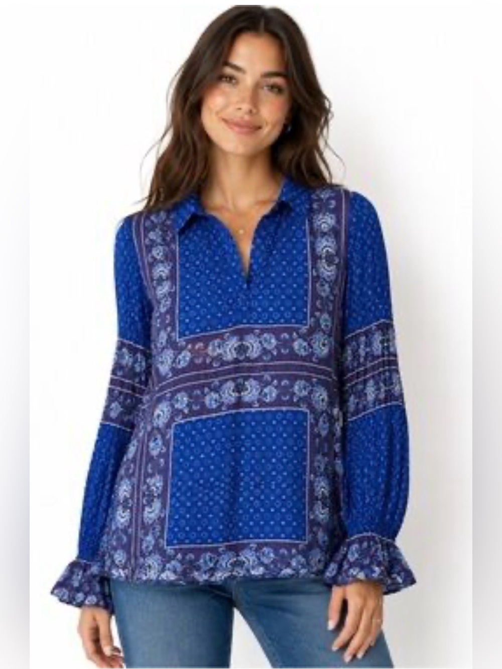 Free People Border Print Collar Tunic Blouse Top V Neck Long Sleeve Boho Sz XS